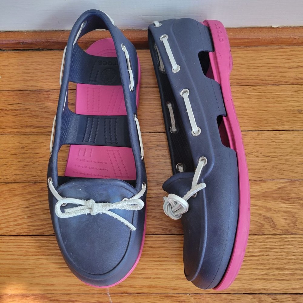 Crocs 9 Blue Pink Boat Shoes Loafers Rawhide‎ Tie Rubber Comfort